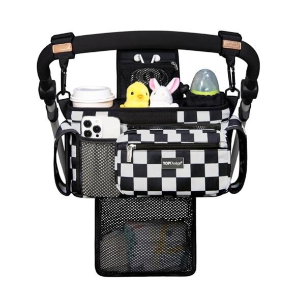 Baby stroller organizer caddy with cup holders mesh bag diaper storage black - Picture 1 of 7
